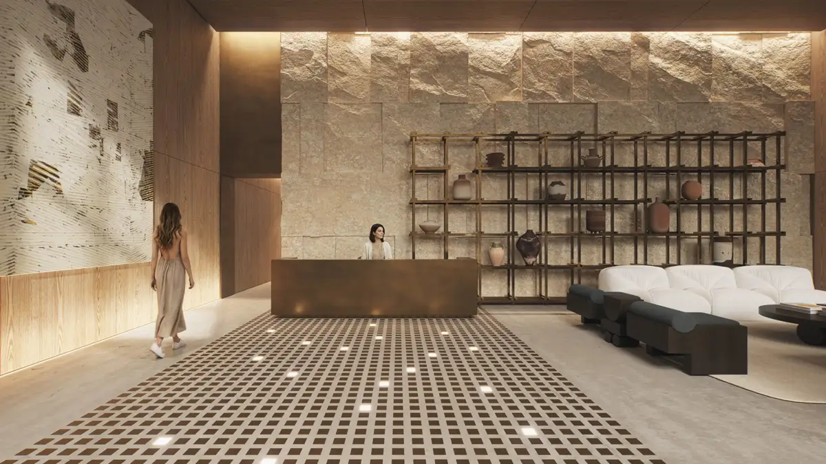 Main patio and lobby, interior illustration