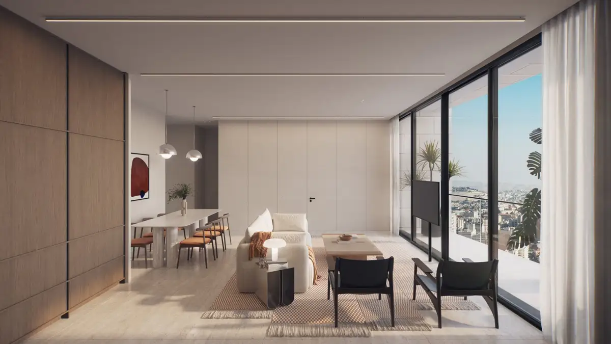 Developer illustration of a light-filled living and dining space